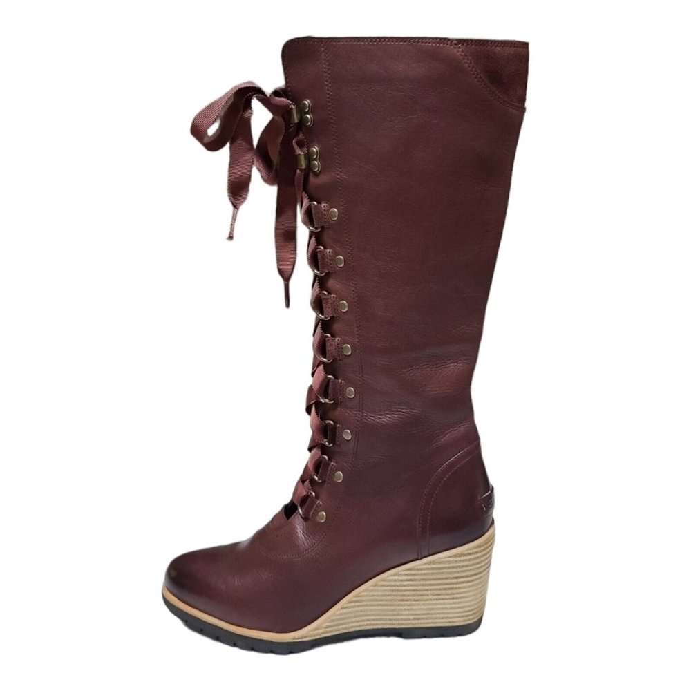 Elegant Burgundy/Brown Lace-Up Wedge Boots - Picture 4 of 12